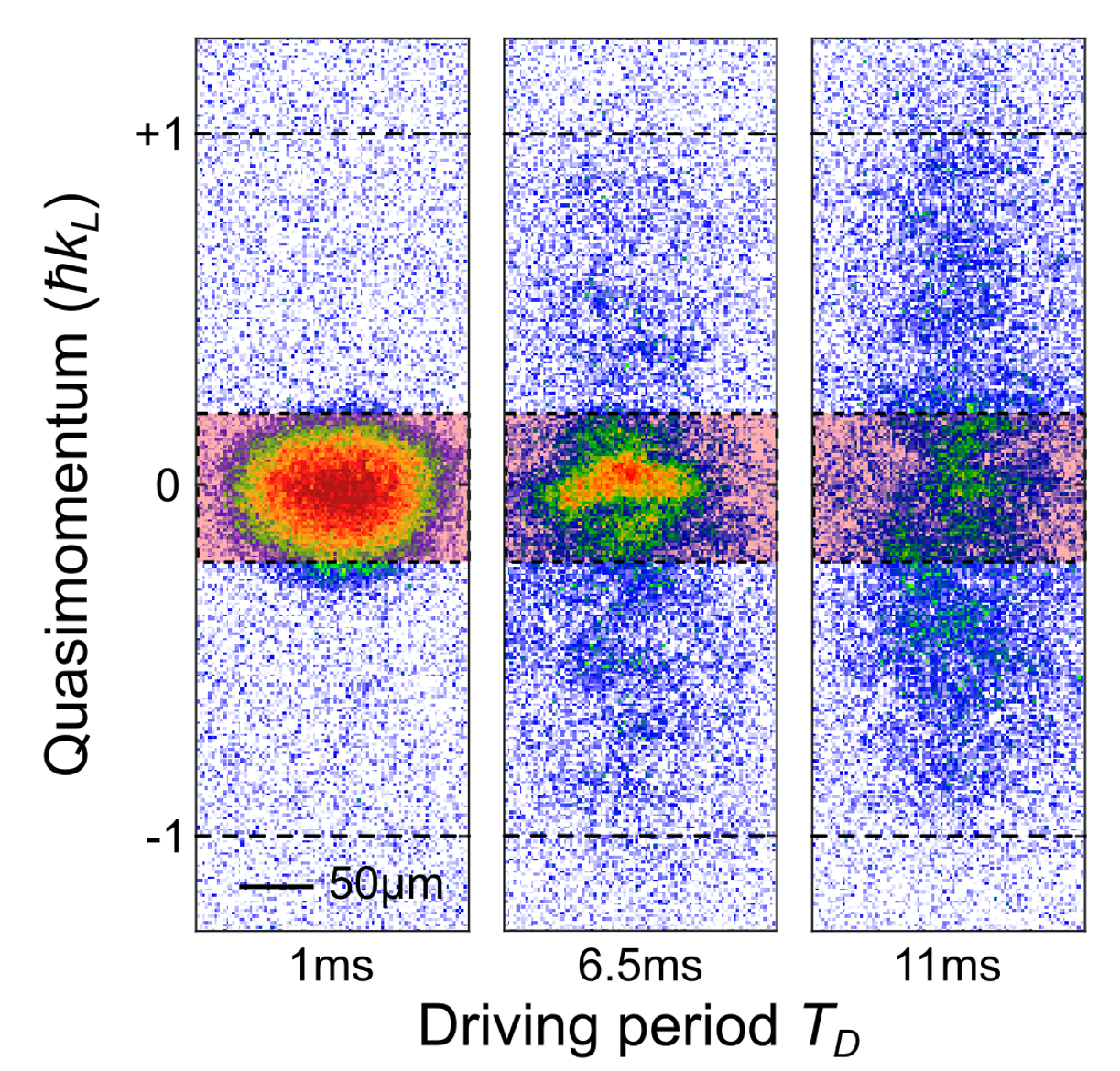 Example for growing excitation modes: A wave packet, which is initially centred at zero momentum, quickly spreads over the complete Brillouin zone due to interactions and periodic driving. Those instabilities make quantum simulation experiments challenging.
